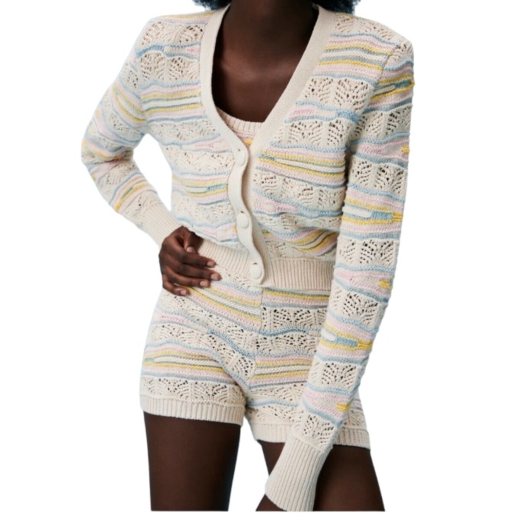 Zara Tan crochet Cardigan Knit Design spring coquette casual neutral button down
